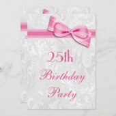 25e verjaardag Damask en Pink Faux Bow Kaart (Voorkant / Achterkant)