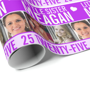 25e verjaardag drie foto's paarse zus cadeaupapier