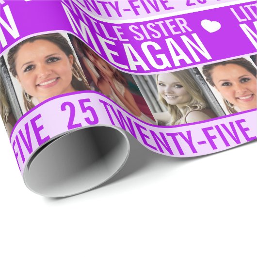 25e verjaardag drie foto's paarse zus cadeaupapier (Rol Hoek)