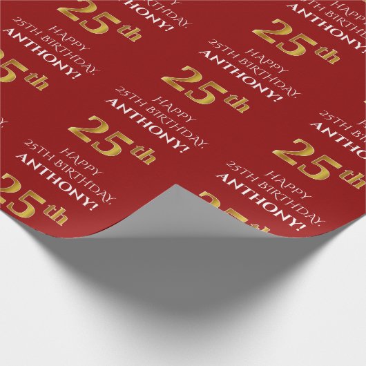 25e verjaardag: Elegant, rood, Faux Gold look Cadeaupapier (Hoek)
