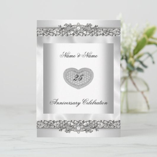 25e verjaardag Elegant Wit Zilver Hart Kant 3 Kaart (Staand voorkant)