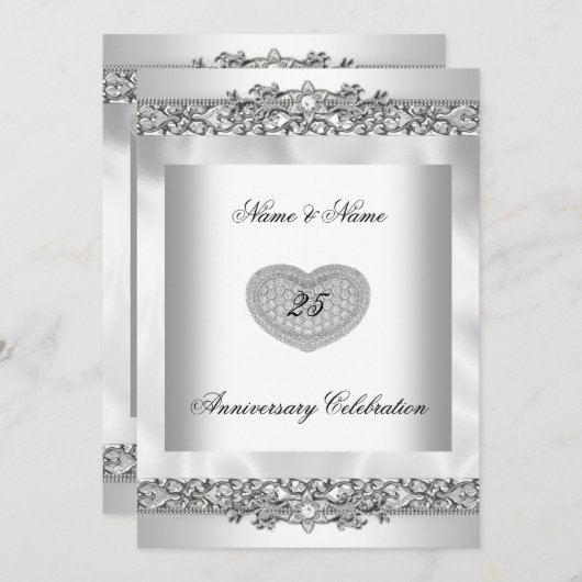 25e verjaardag Elegant Wit Zilver Hart Kant 3 Kaart (Voorkant / Achterkant)