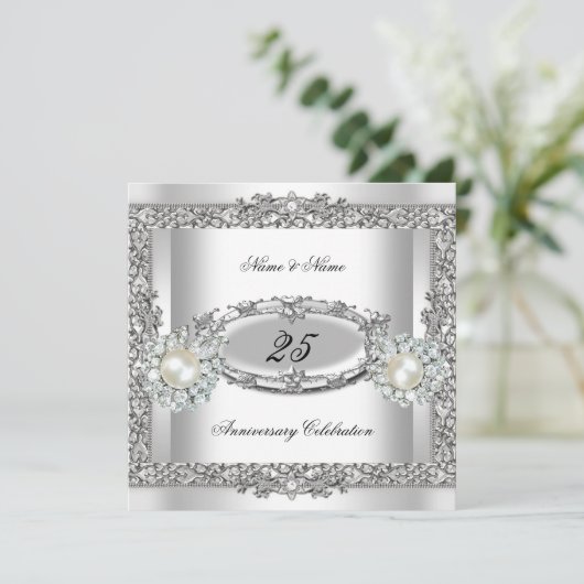 25e verjaardag Elegant Wit Zilveren Parel Kant 2 Kaart (Staand voorkant)