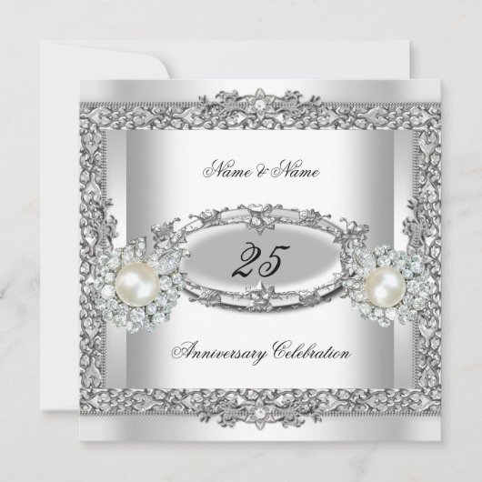 25e verjaardag Elegant Wit Zilveren Parel Kant 2 Kaart (Voorkant)