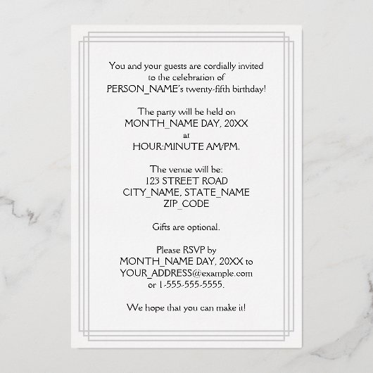 25e verjaardag — Fancy script en aangepaste naam Folie Uitnodiging (Achterkant)