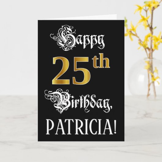 25e verjaardag — Fantasie schrift; Nep gouden uitz Kaart (Gele Bloem)