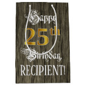 25e verjaardag: Faux Gold look & Faux Wood Pattern Medium Cadeauzakje (Voorkant)