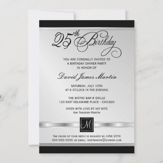 25e verjaardag feestdagen - zwart en zilver kaart (Achterkant)