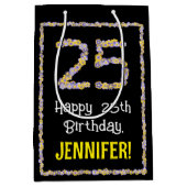 25e verjaardag: Floral Flowers Number, Custom Name Medium Cadeauzakje (Voorkant)
