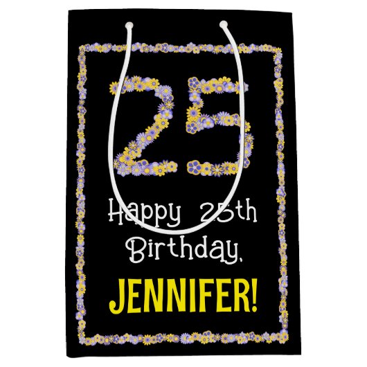 25e verjaardag: Floral Flowers Number, Custom Name Medium Cadeauzakje (Voorkant)