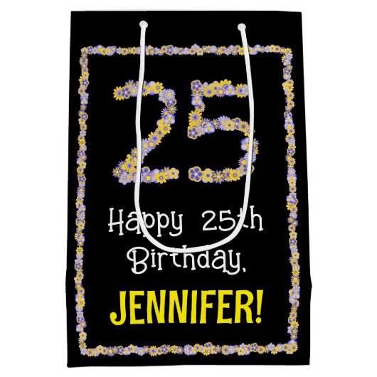 25e verjaardag: Floral Flowers Number, Custom Name Medium Cadeauzakje (Achterkant)