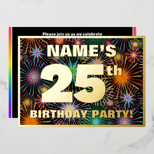 25e verjaardag — Fun, kleurrijke Fireworks look Folie Uitnodiging (Voorkant / Achterkant)