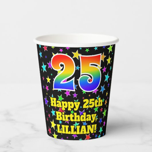 25e verjaardag: Fun Stars Pattern en Rainbow 25 Papieren Bekers (Achterkant)