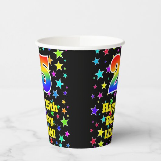 25e verjaardag: Fun Stars Pattern en Rainbow 25 Papieren Bekers (Links)