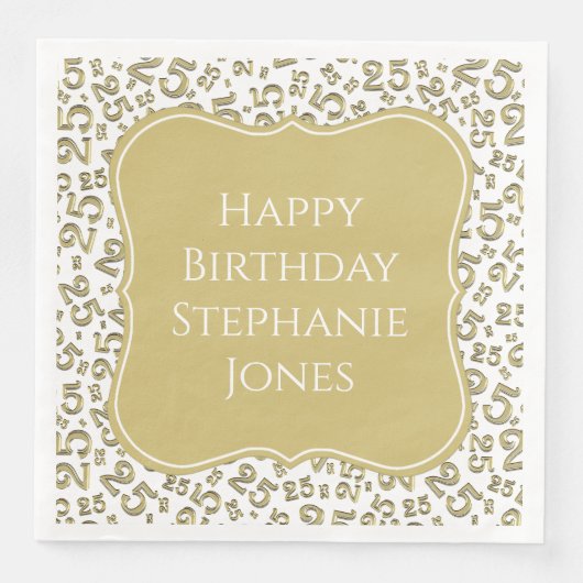 25e Verjaardag Goud/Witte Beugel Getal Patroon Servet (Voorkant)