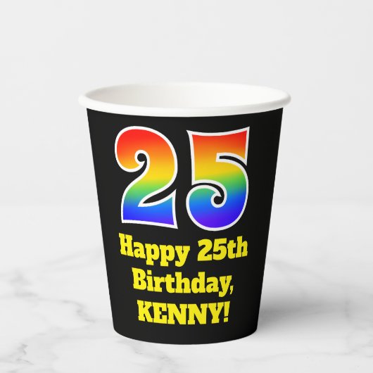 25e verjaardag: Kleurrijk, Leuk, Spannend, Regenbo Papieren Bekers (Voorkant)