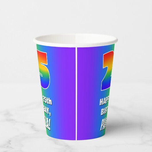 25e verjaardag: kleurrijk, vun regenboogpatroon #  papieren bekers (Links)