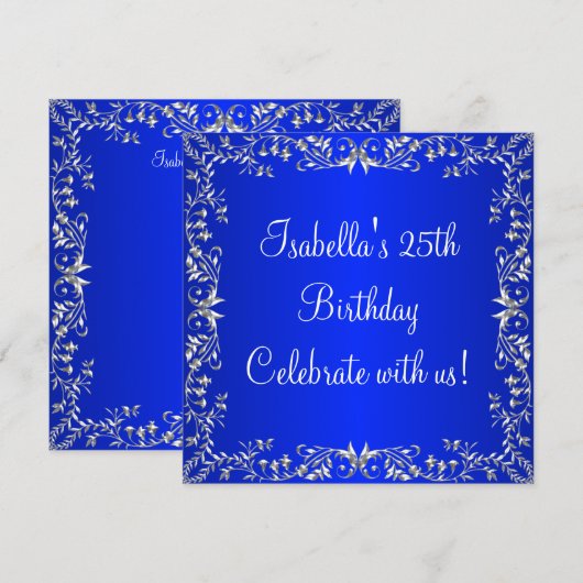 25e Verjaardag Kobalt Blauw & Zilver Bloemen Metaa Kaart (Voorkant / Achterkant)