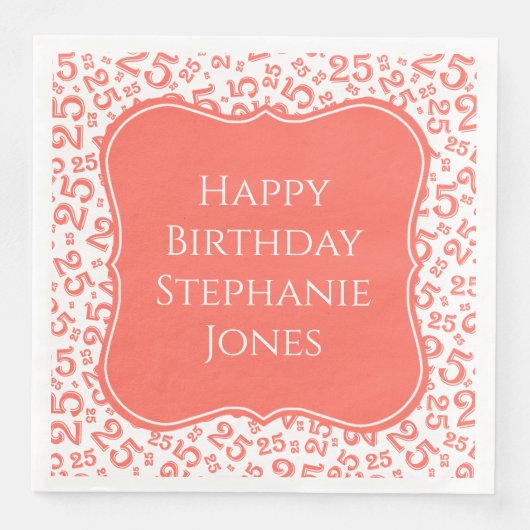 25e Verjaardag Koraal/Witte Beugel Getal Patroon Servet (Voorkant)