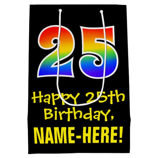 25e verjaardag: leuk, vet, kleurrijk, regenboog "2 medium cadeauzakje (Achterkant)