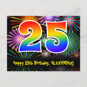 25e verjaardag – leuk vuurwerkpatroon + regenboog  briefkaart