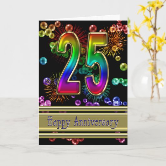 25e verjaardag met vuurwerk en bubbels kaart (Gele Bloem)