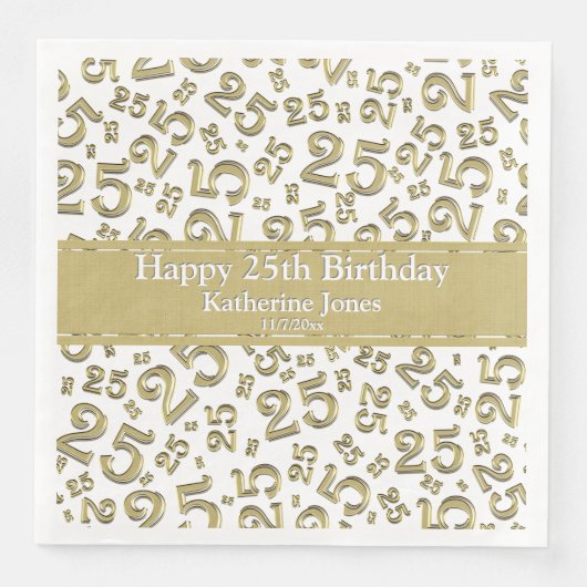 25e verjaardag Nummer nummer patroon Gold/wit Servet (Voorkant)