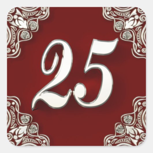 25e Verjaardag of Jubileum Regal Silver en Red Vierkante Sticker (Voorkant)