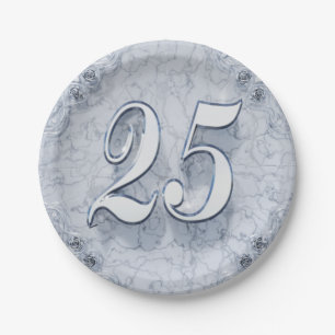 25e Verjaardag of Jubileum Regal Silver Marble Papieren Bordje