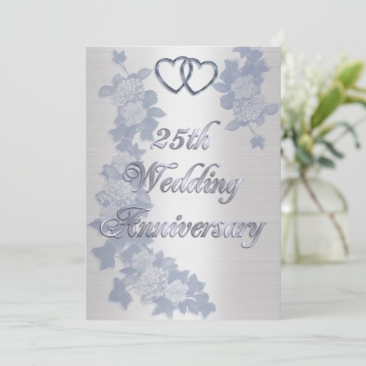 25e verjaardag partij zilveren harten plechtig kaart (Staand voorkant)