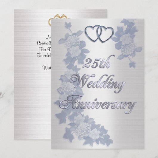 25e verjaardag partij zilveren harten plechtig kaart (Voorkant / Achterkant)