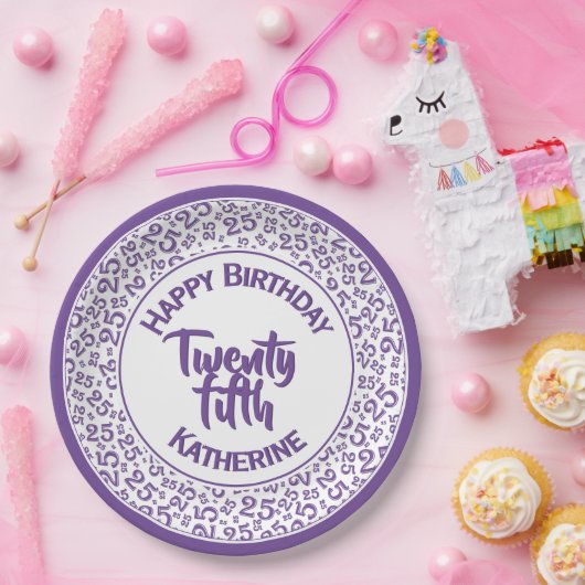 25e verjaardag Random Number Pattern Paars/White Papieren Bordje (Feest)