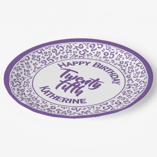 25e verjaardag Random Number Pattern Paars/White Papieren Bordje (Gekanteld)
