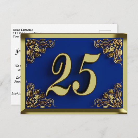 25e verjaardag Regal Goud Blauw Uitnodiging (Voorkant / Achterkant)