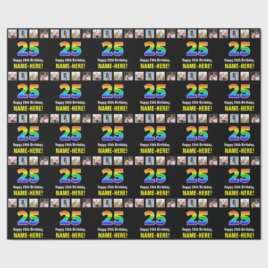 25e verjaardag: Regenboog "25"; Aangepaste foto's  Cadeaupapier (Zoom)