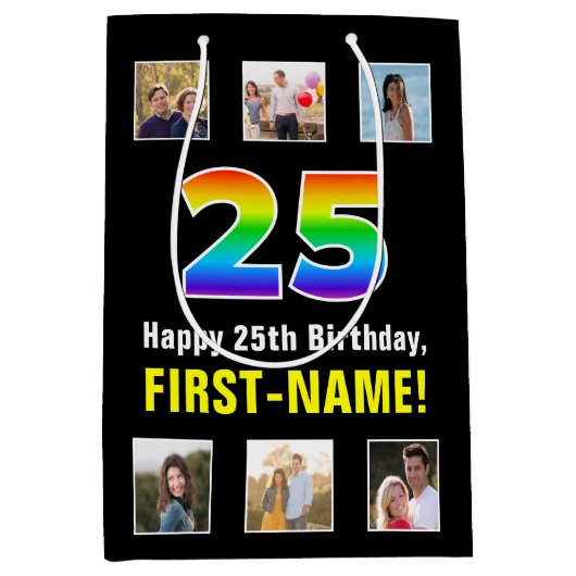 25e verjaardag: Regenboog "25", Aangepaste foto's  Medium Cadeauzakje (Voorkant)