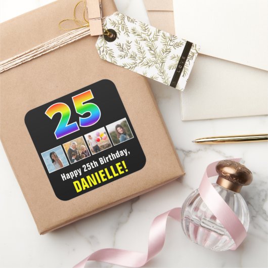 25e verjaardag: Regenboog "25"; Aangepaste foto's  Vierkante Sticker (Geschenken)