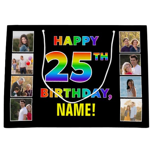 25e Verjaardag: Regenboogtekst, Aangepaste foto's  Groot Cadeauzakje (Voorkant)