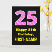 25e verjaardag: Roze strepen en hart "25" + naam Kaart (Gele Bloem)