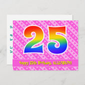 25e verjaardag: roze strepen en harten, regenboog  briefkaart (Voorkant / Achterkant)