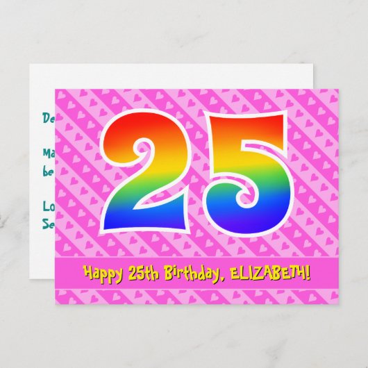 25e verjaardag: roze strepen en harten, regenboog  briefkaart (Voorkant / Achterkant)