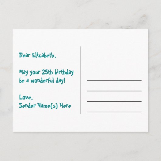 25e verjaardag: roze strepen en harten, regenboog  briefkaart (Achterkant)