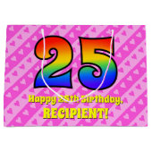 25e verjaardag: Roze strips & harten, regenboognr. Groot Cadeauzakje (Voorkant)