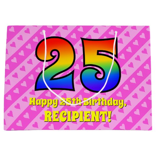 25e verjaardag: Roze strips & harten, regenboognr. Groot Cadeauzakje (Voorkant)