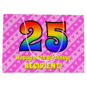 25e verjaardag: Roze strips & harten, regenboognr. Groot Cadeauzakje (Achterkant)