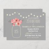 25e verjaardag Roze Waterverf Bloemen & Mason Jar Kaart (Voorkant / Achterkant)