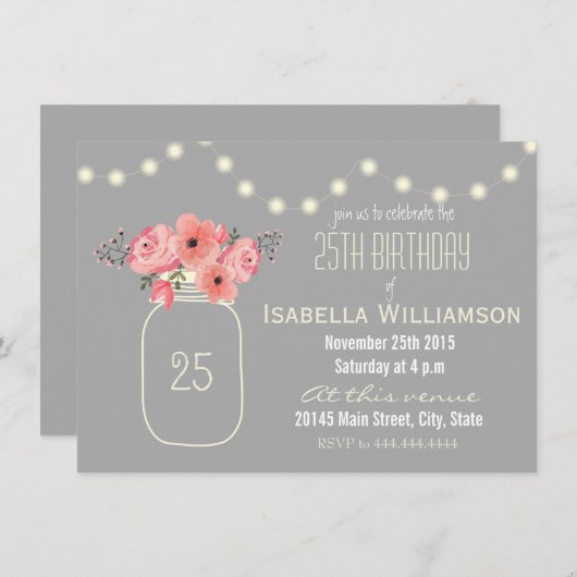 25e verjaardag Roze Waterverf Bloemen & Mason Jar Kaart (Voorkant / Achterkant)