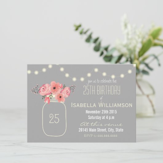 25e verjaardag Roze Waterverf Bloemen & Mason Jar Kaart (Staand voorkant)