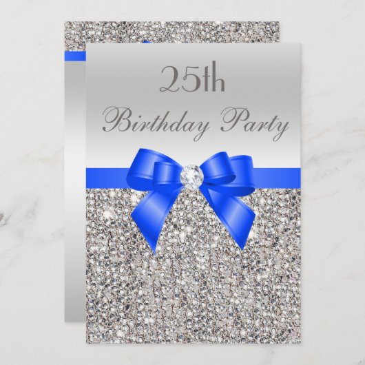 25e verjaardag Silver Sequin Royal Blue Bow Diamon Kaart (Voorkant / Achterkant)