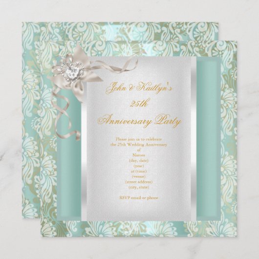 25e verjaardag Turquoise Damast Zilver Wit 2 Kaart (Voorkant / Achterkant)